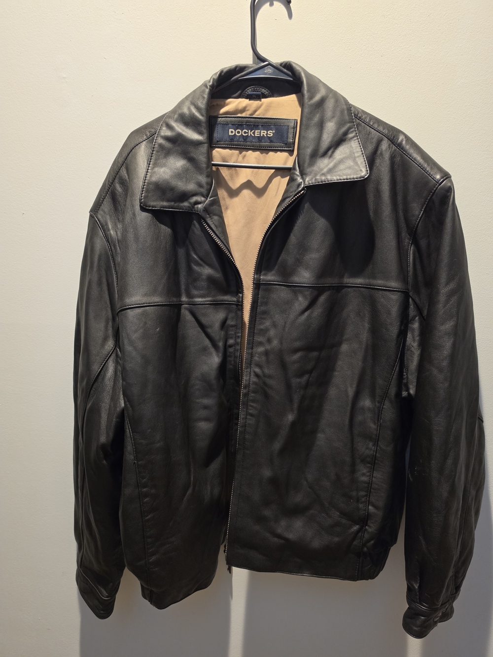 Dockers Black Leather Bomber Jacket with Tan Lining